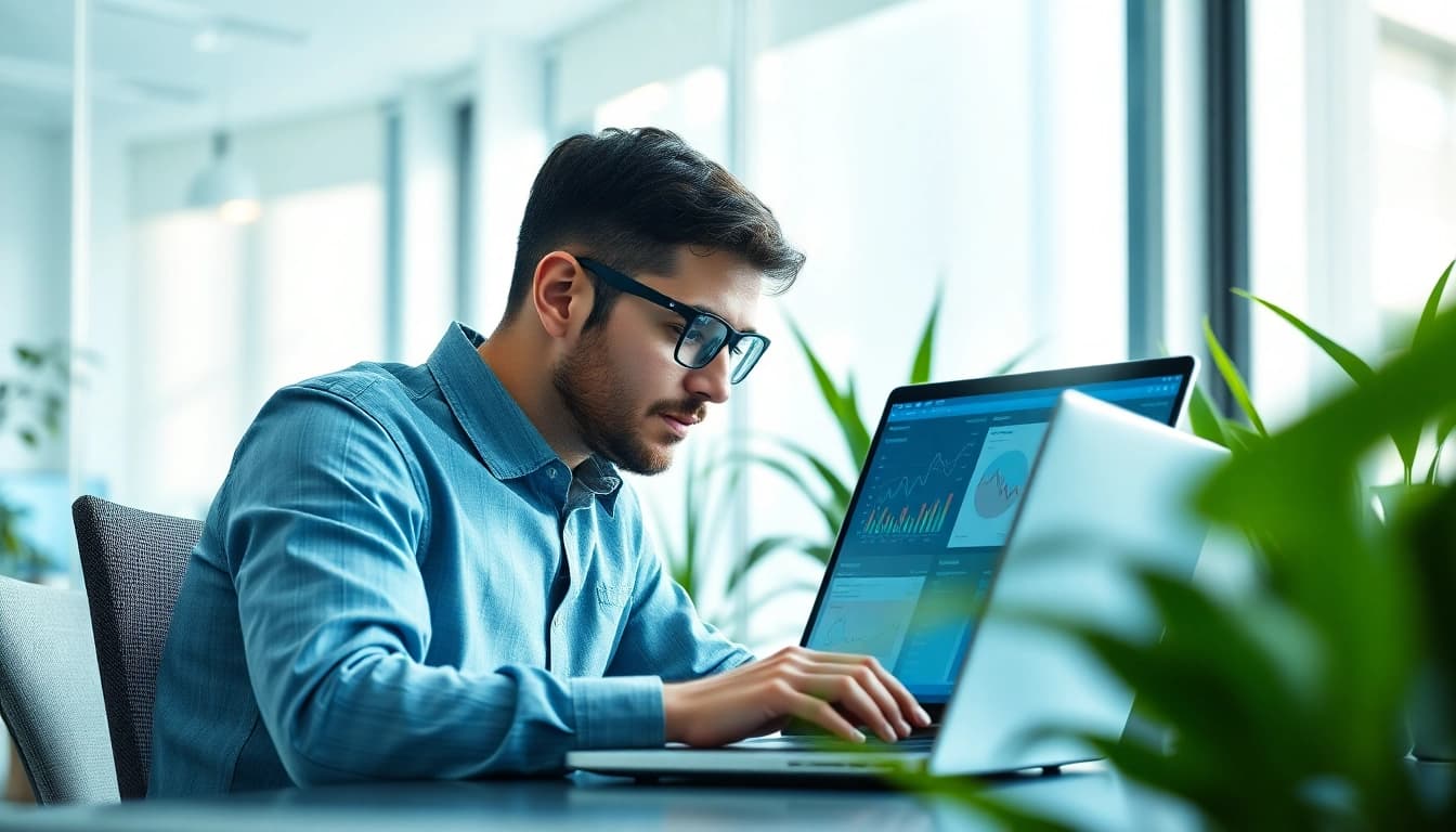 Evodrop Beobachter analysiert Daten auf dem Laptop in einem modernen Büro.