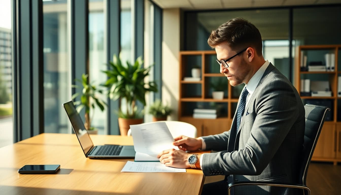 Headhunter Finance analysiert Lebensläufe in einem modernen Büro.