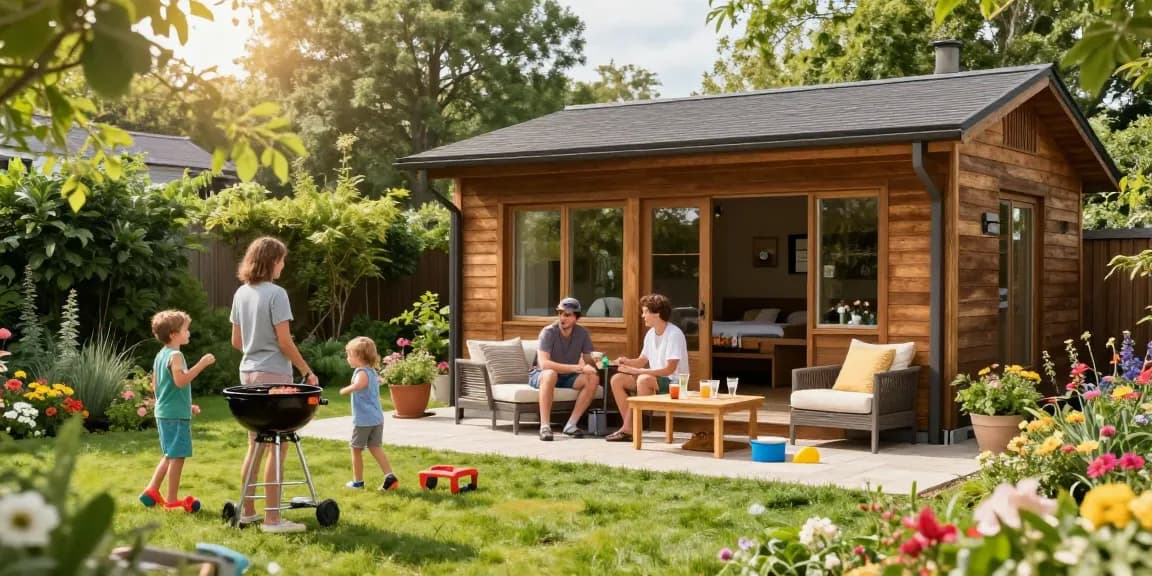 Familie beim Gartenhaus kaufen, entspannen im Garten mit Blumen und Holzterrasse.