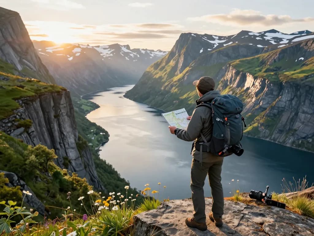 Malermatische Fjordlandschaft mit Reisendem in Norwegen, die Skandinavien Reisetipps bei der natürlichen Erkundung zeigt.