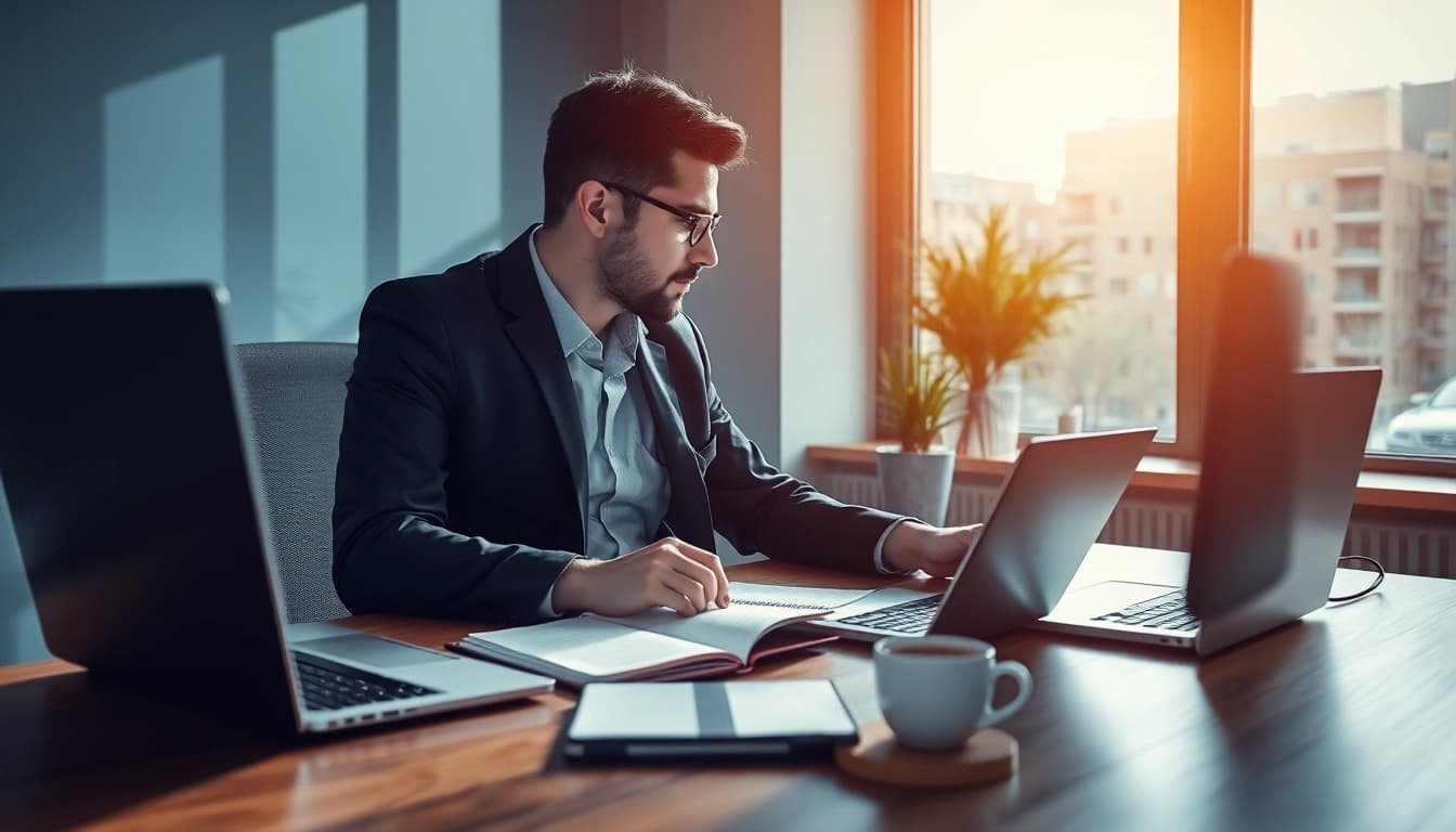 Headhunter IT beim Arbeiten an einem modernen Schreibtisch mit Technologie.