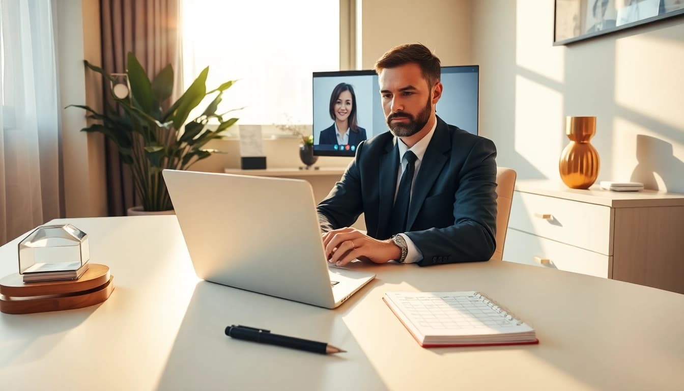 Headhunter Erfurt conducting a professional video call in an elegant workspace.