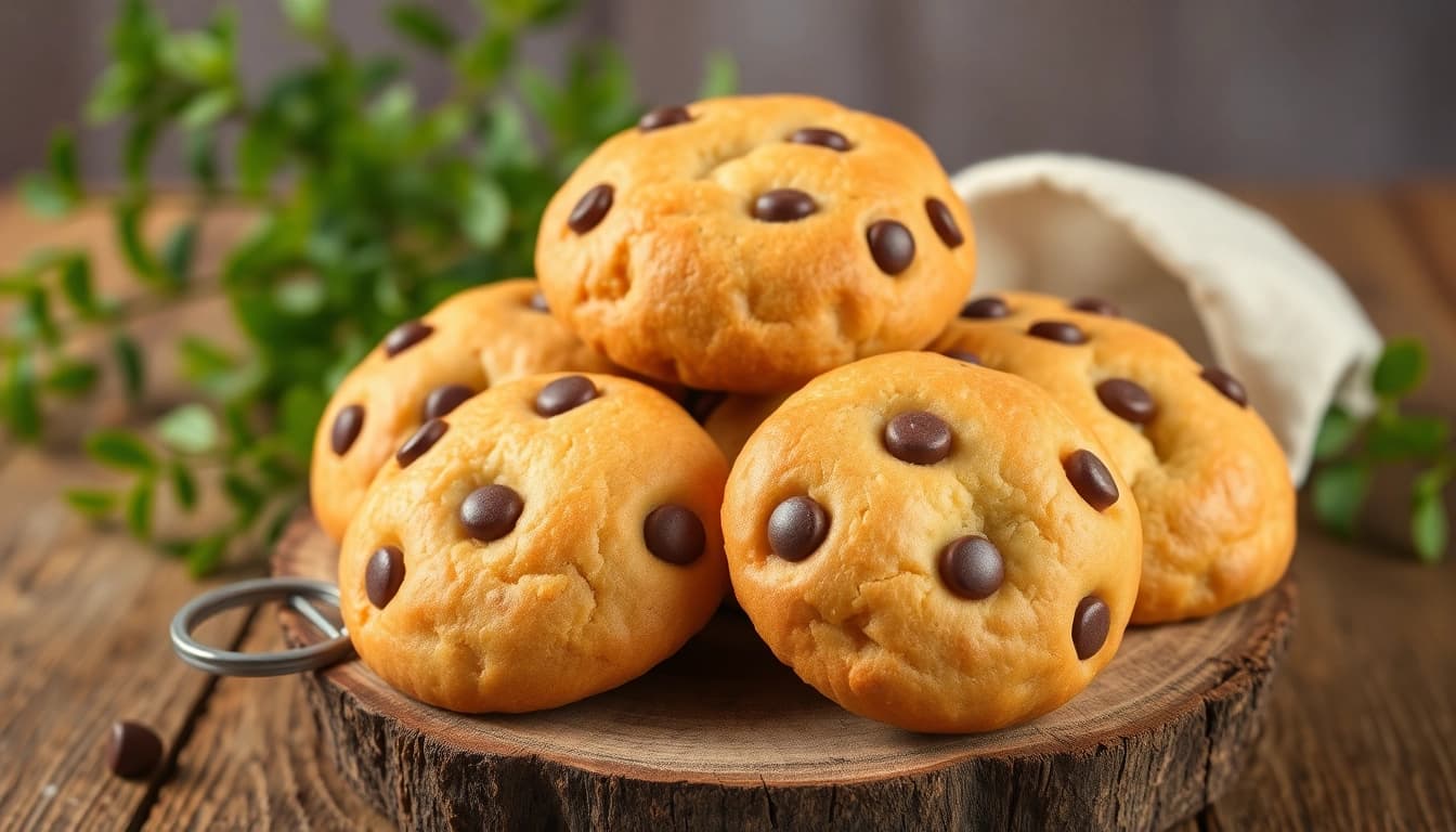 Indulge in delicious canabis kekse with rich chocolate chips on a rustic table.