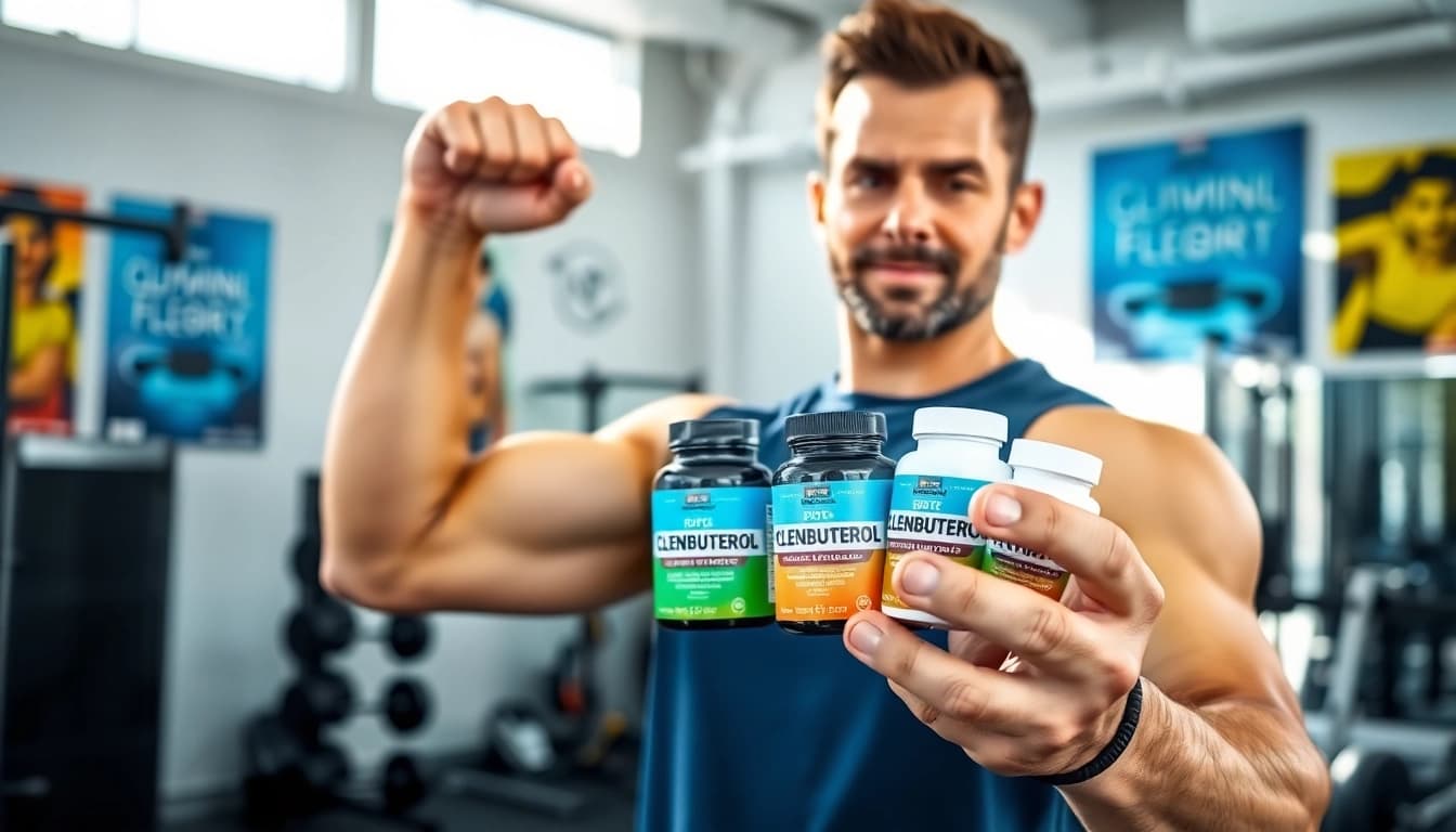 Fitnesscoach zeigt clenbuterol kaufen Produkte in einem modernen Fitnessstudio.