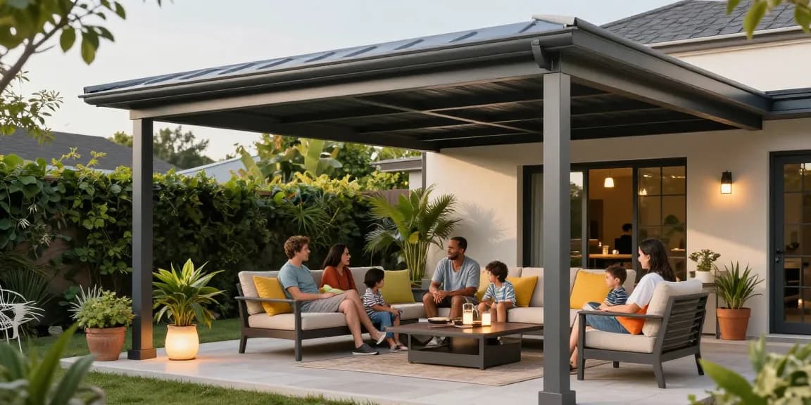 Gemütliche Familie unter einer Terrassenüberdachung genießt einen sonnigen Nachmittag im Garten.
