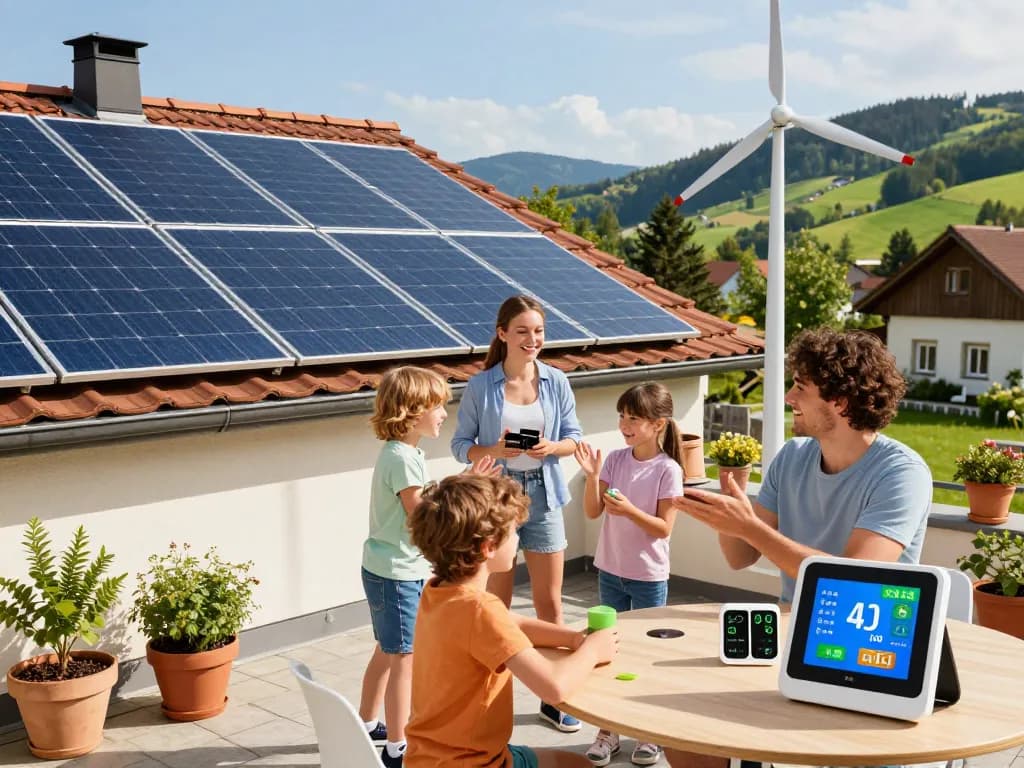 Photovoltaik Bayern Solarpanels auf einem Wohnhausdach mit einer Familie, die über Energieeinsparungen in Bayern diskutiert.