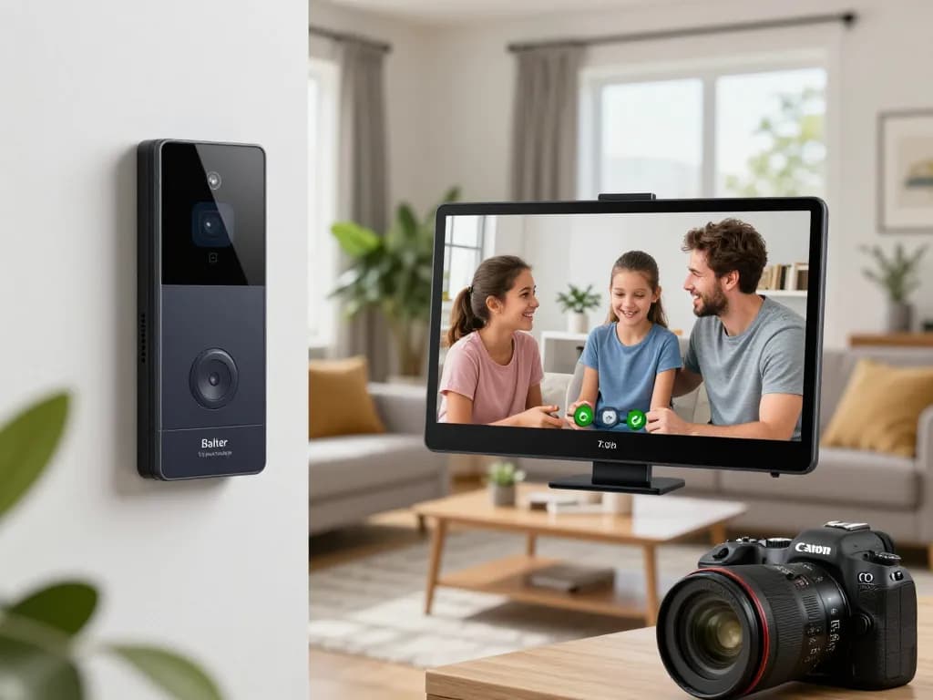 Familie, die mit der Balter Türsprechanlage Video-Türsprechanlage in einem modernen Wohnzimmer interagiert