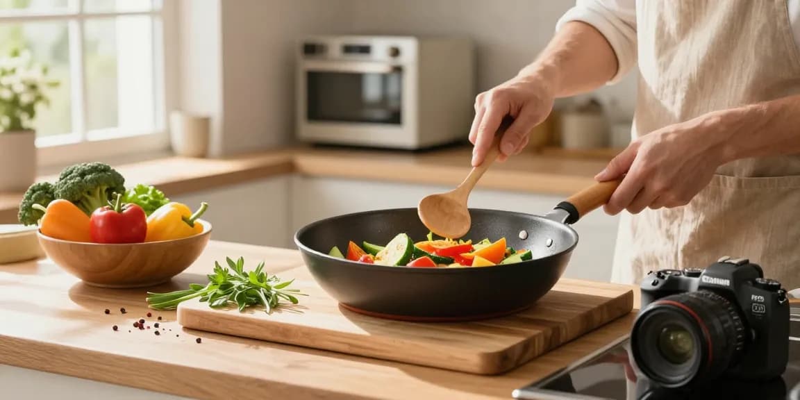 Ein gesundes Gericht wird in einer PTFE freien Pfanne von GreenKitchen zubereitet, während frische Zutaten sichtbar sind.