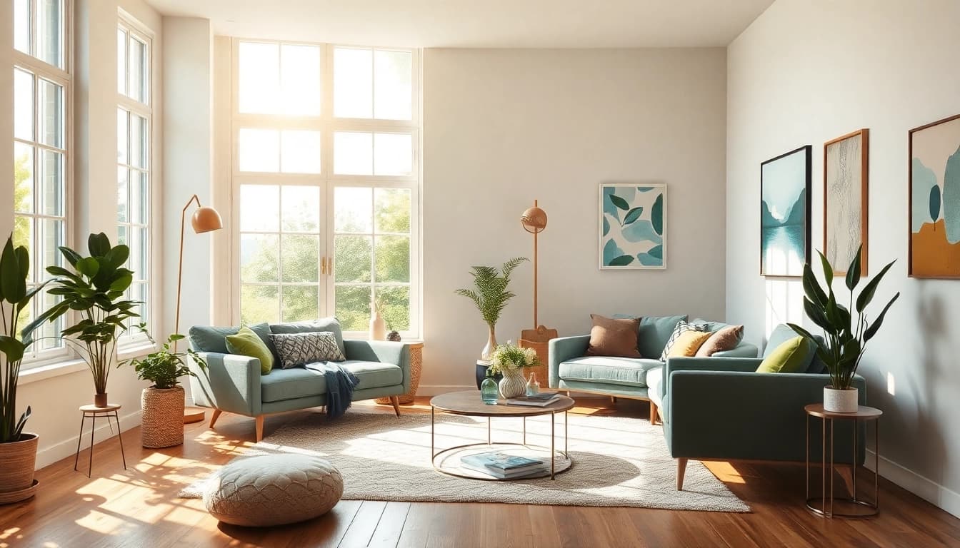 In einem hellen und luftigen Raum zeigt die Raumgestaltung eine harmonische Farbpalette mit Erd- und Akzenttönen in Blau und Grün.