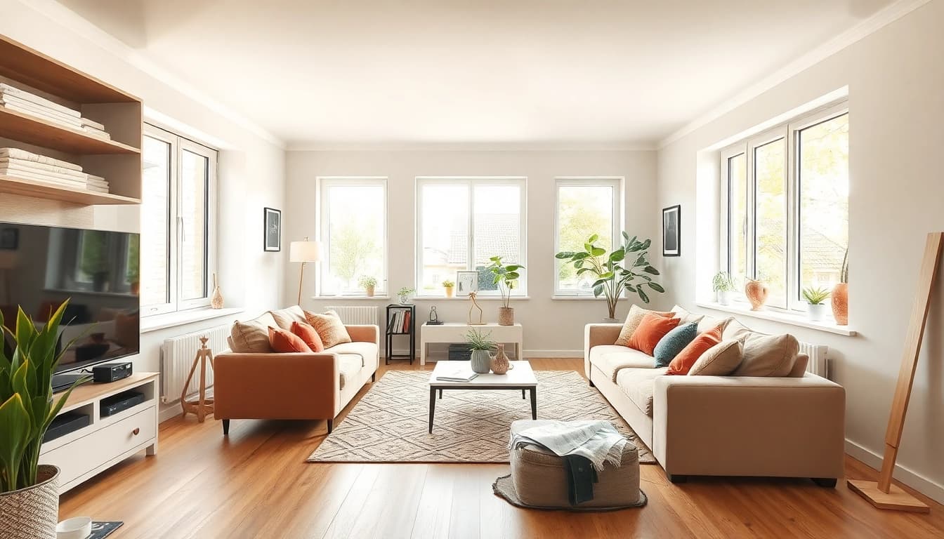 Frisch renoviertes Wohnzimmer, das eine angenehme Atmosphäre der Hausrenovierung ausstrahlt.