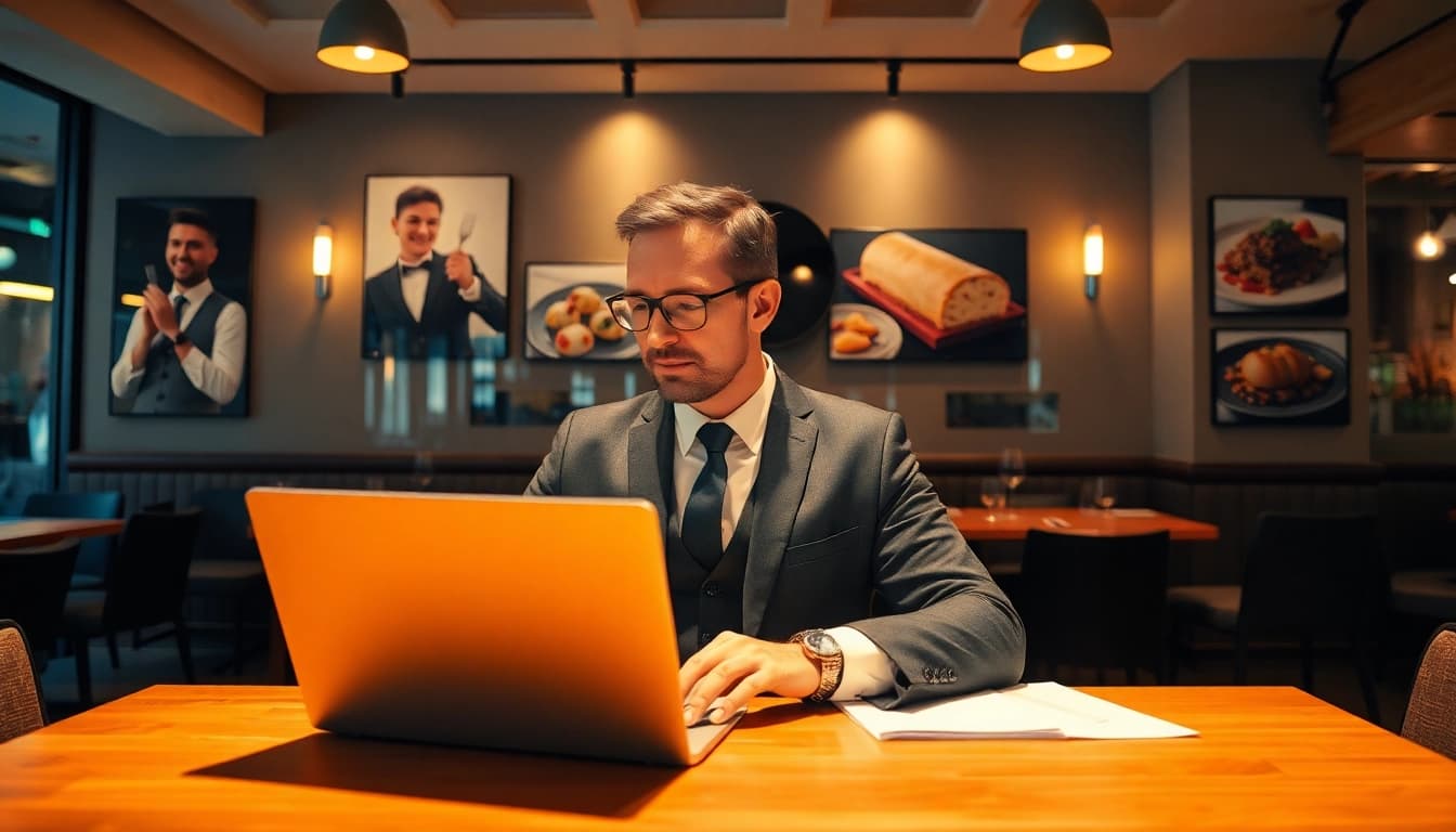 Headhunter Gastronomie im modernen Restaurant, während er Personal auswertet und koordiniert.