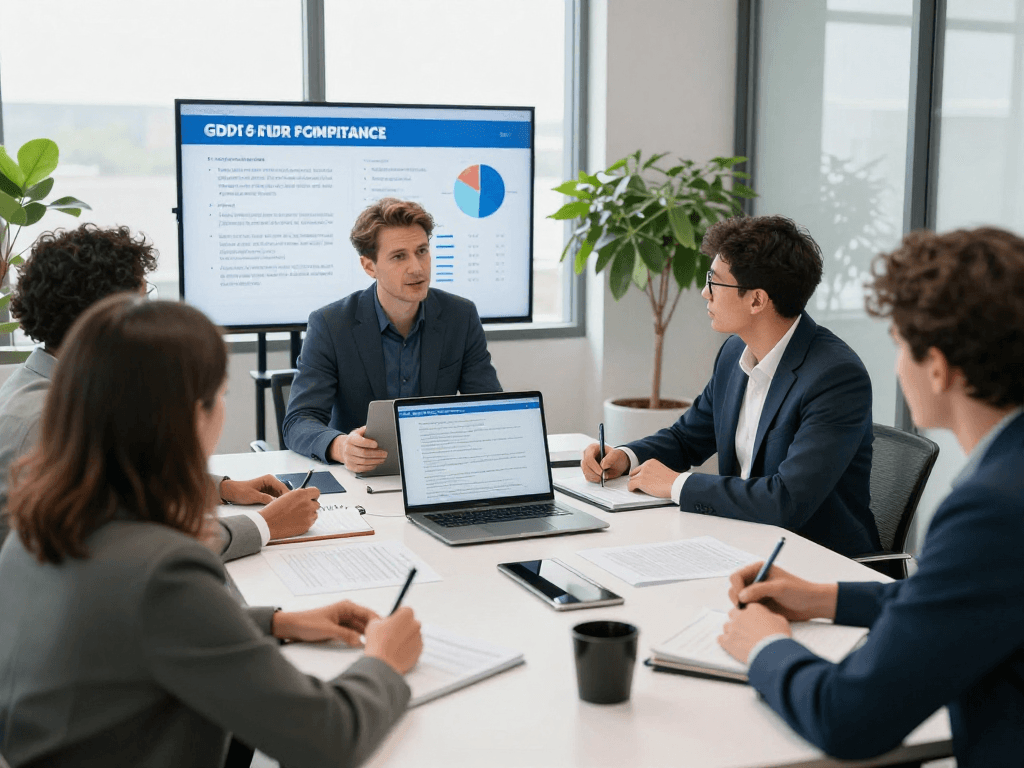 Expert discussing Datenschutz Dienstleistung with a team, showcasing compliance solutions.