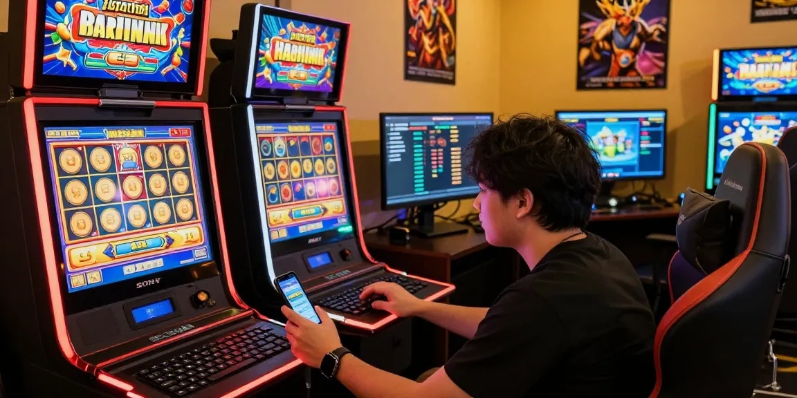 Menampilkan pemain permainan slot gacor hari ini dengan latar belakang mesin slot berwarna-warni.