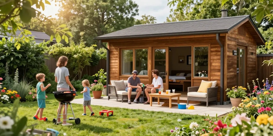 Familie beim Gartenhaus kaufen, entspannen im Garten mit Blumen und Holzterrasse.