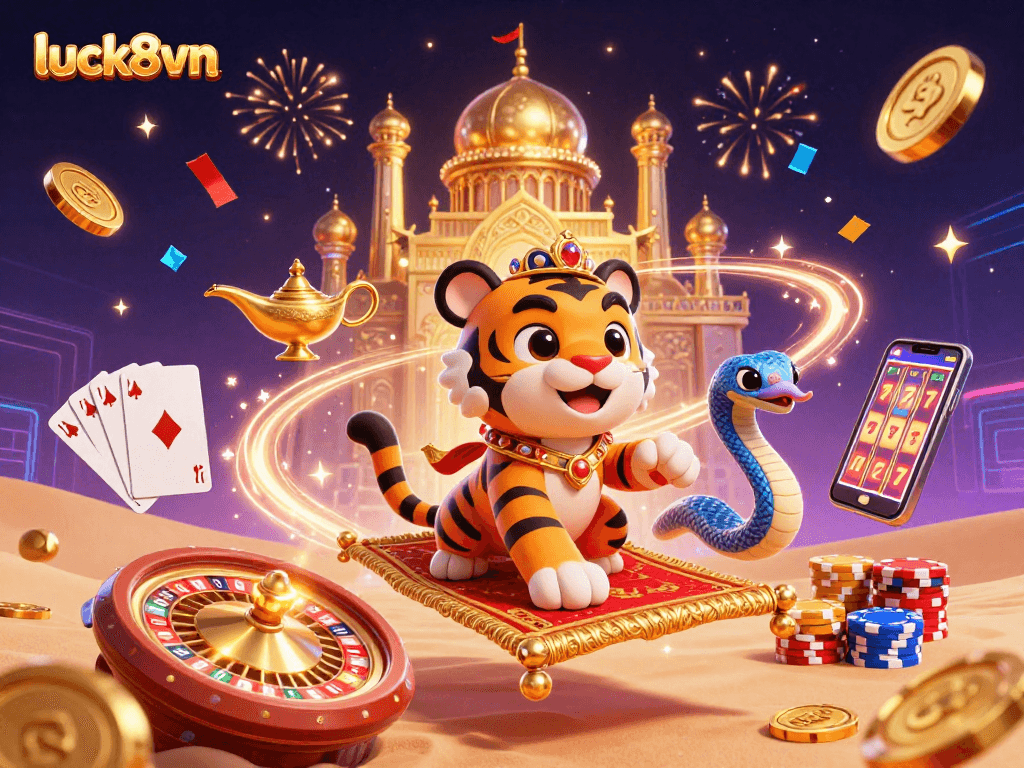 Experience the thrill of luck8vn with a vibrant casino-themed 3D illustration featuring a tiger sultan.