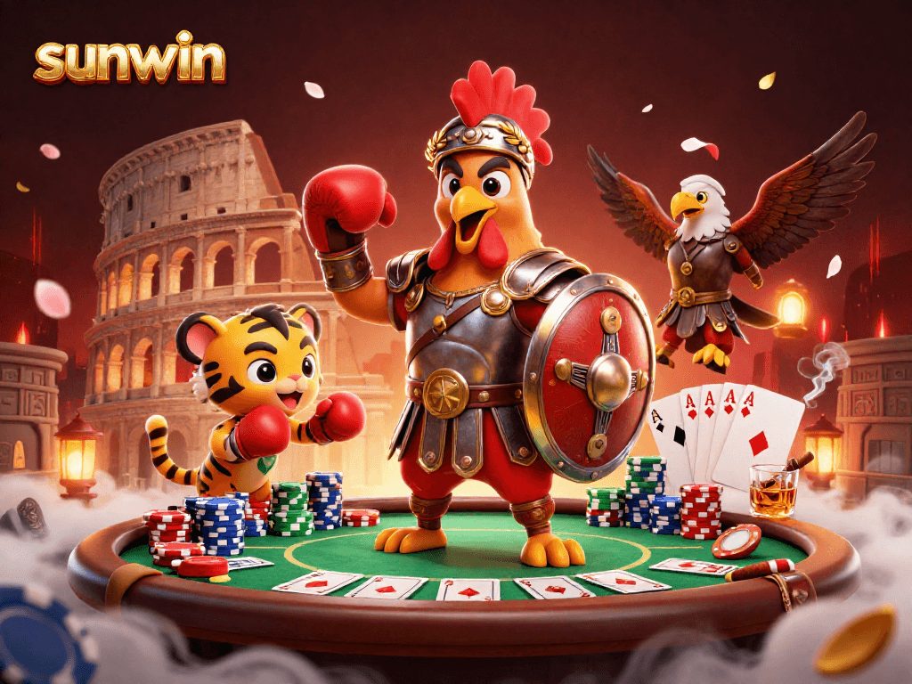 Engage with sunwin in a vibrant scene featuring a gladiator rooster and poker elements.