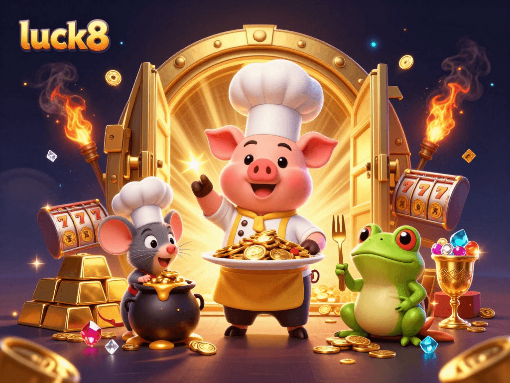 Experience the luck8 allure with a pig chef, melting gold, and vibrant casino treasures.