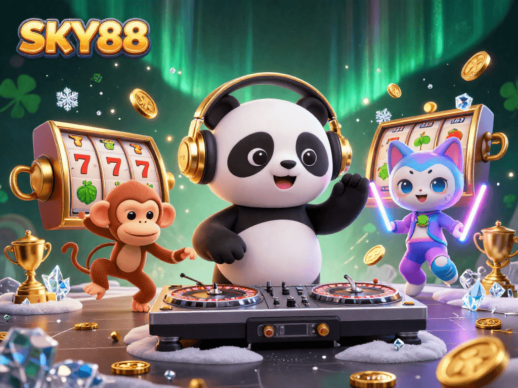 Spin the reels with SKY88: vibrant 3D scene of a DJ panda and lively characters, celebrating casino excitement.