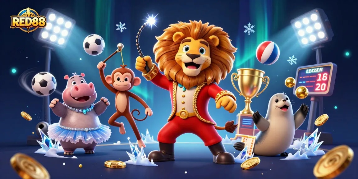 Engage in thrilling games at RED88, featuring an exciting circus-themed casino illustration with dynamic betting elements.