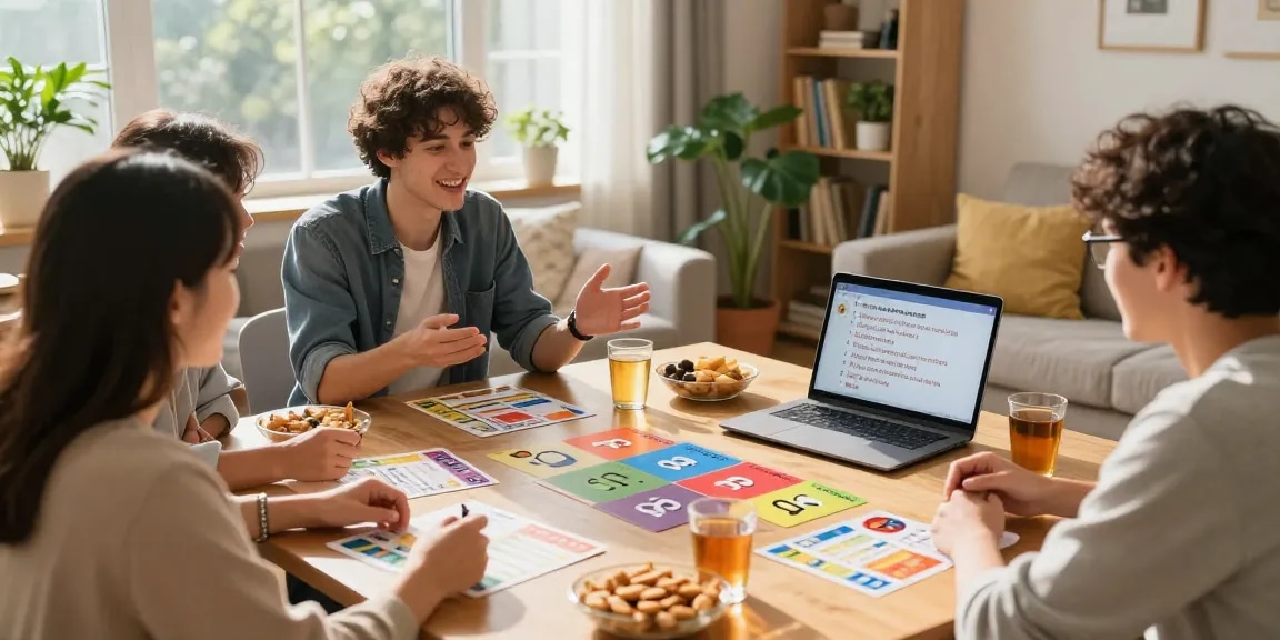 Friends engaging in a fun Quiz Allgemeinwissen session at home with vibrant quiz materials.