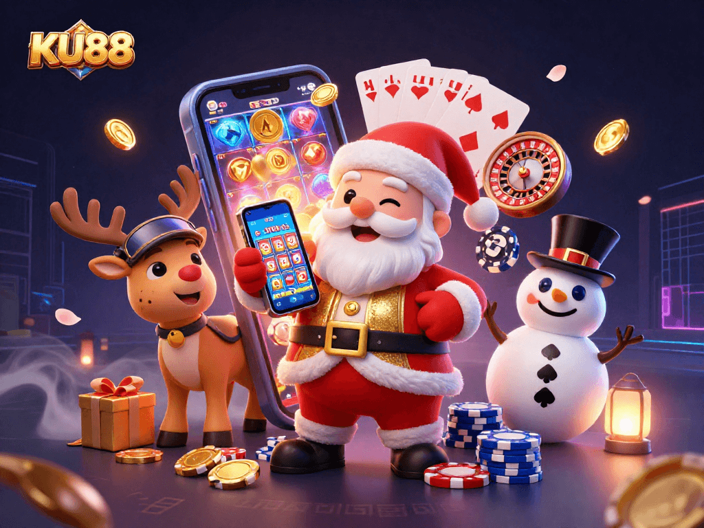 KU88 slots come alive in a festive casino scene with Santa and friends enjoying jackpots and games.