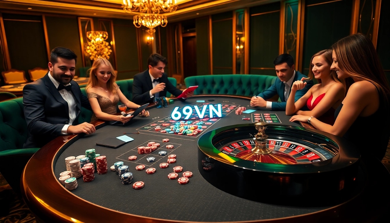 Experience thrilling gambling action at 69VN's luxurious casino with vibrant poker chips and roulette.