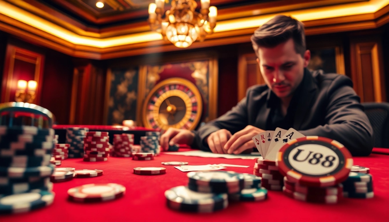 Players engage in intense poker at U88 brand casino table, featuring vibrant chips and luxurious setting.