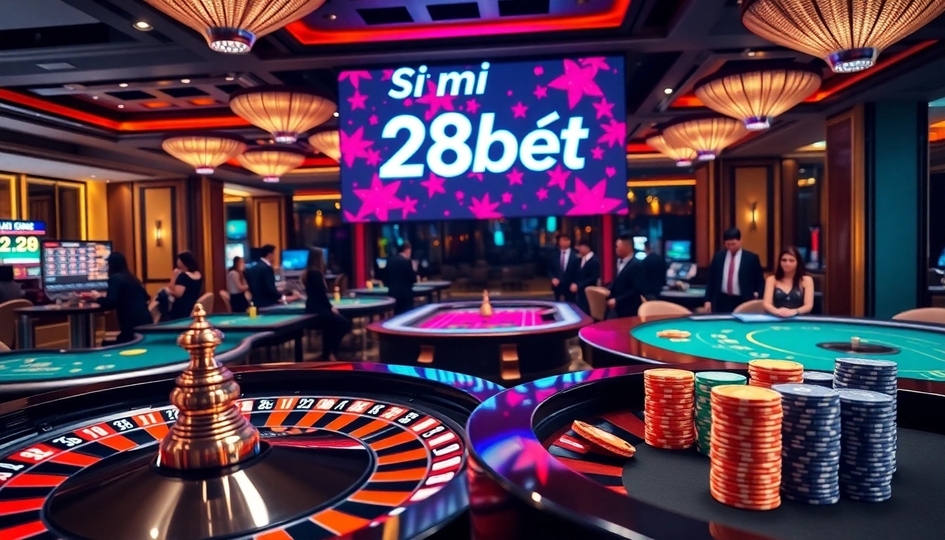 Sổ mơ 28bet casino scene showcasing roulette wheel and poker chips in an elegant setting.