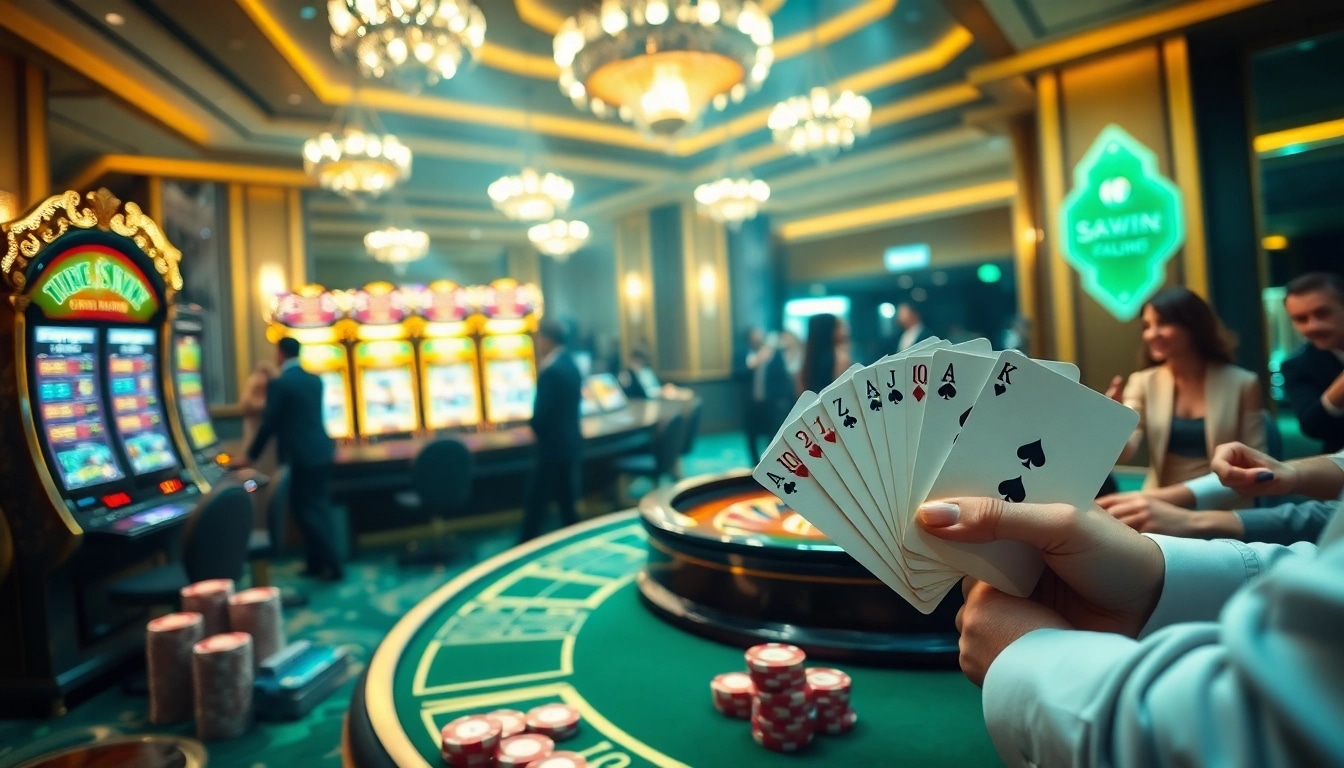 33WIN players enjoying an exciting casino atmosphere with slot machines and roulette.