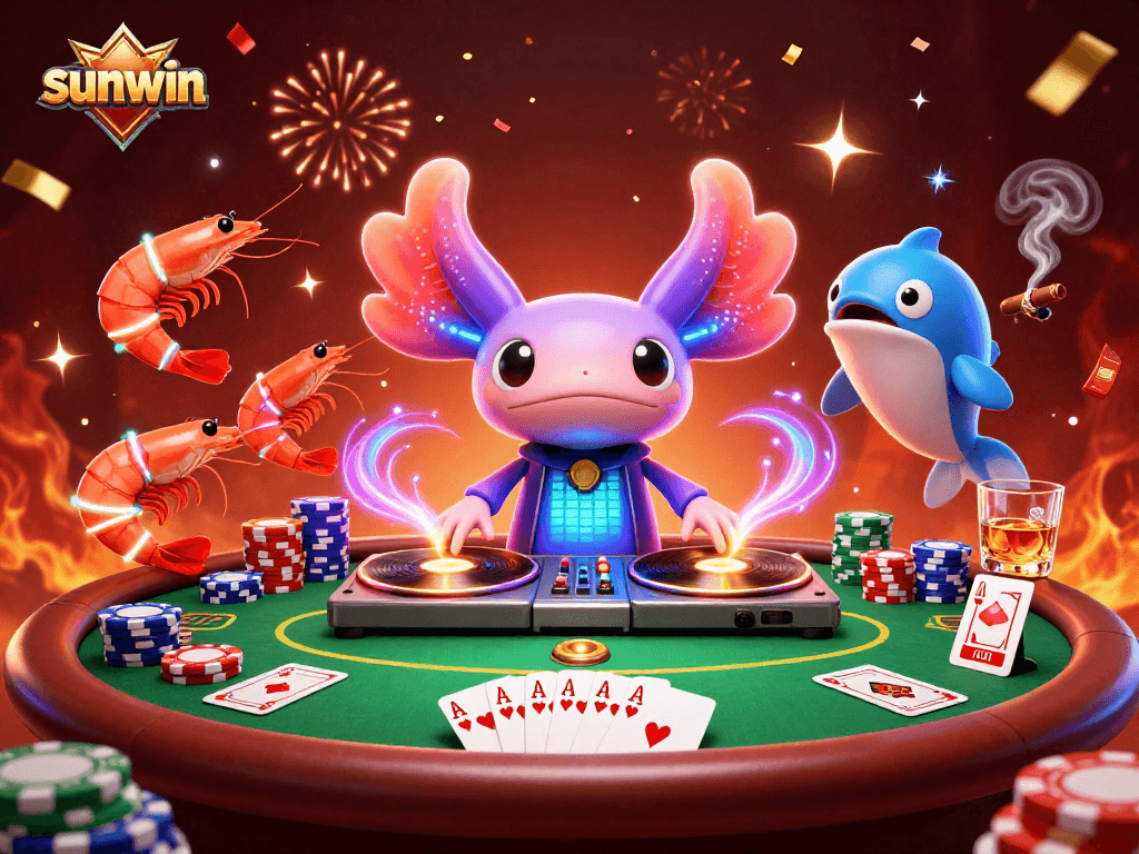 Join the vibrant sunwin casino party featuring an axolotl DJ and lively sea creatures.