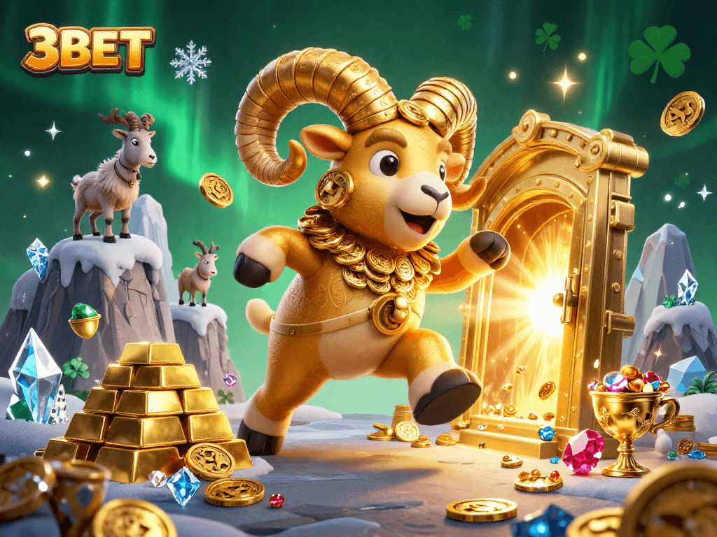 3BET casino illustration featuring a golden ram charging at a treasure vault, embodying riches and excitement.