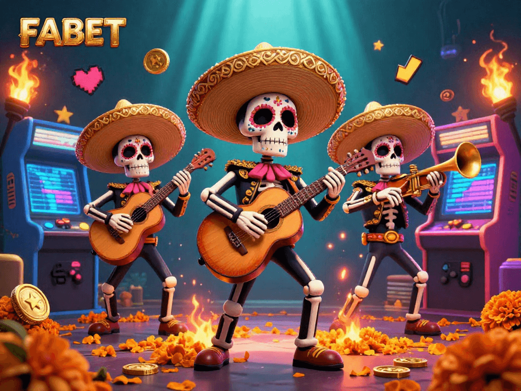 Experience the vibrancy of FABET with energetic mariachi skeletons amidst dynamic casino games.