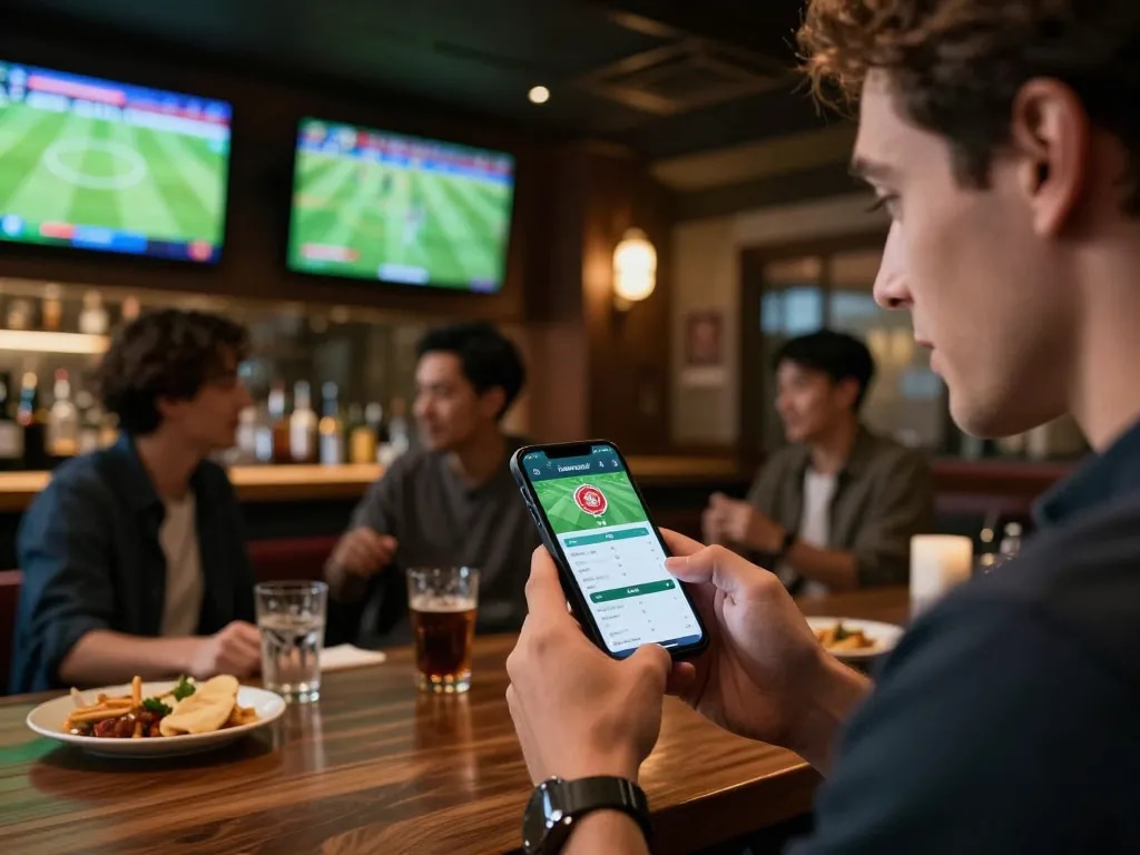 Taking action on tỷ lệ kèo nhà cái hôm nay while enjoying live sports at an upscale bar.