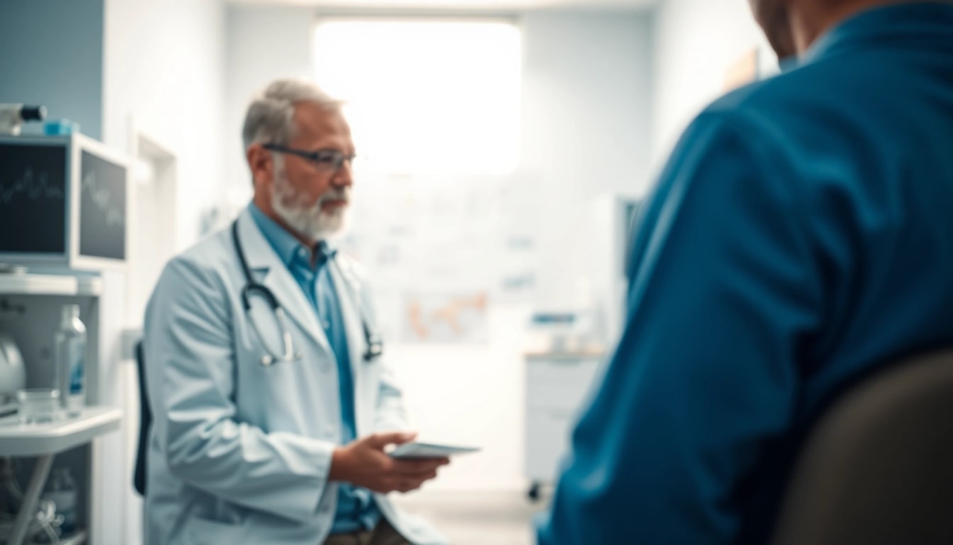 Der Arzt erklärt dem Patienten beeindruckend die deus medical Behandlungsoptionen und sieht zuversichtlich aus.