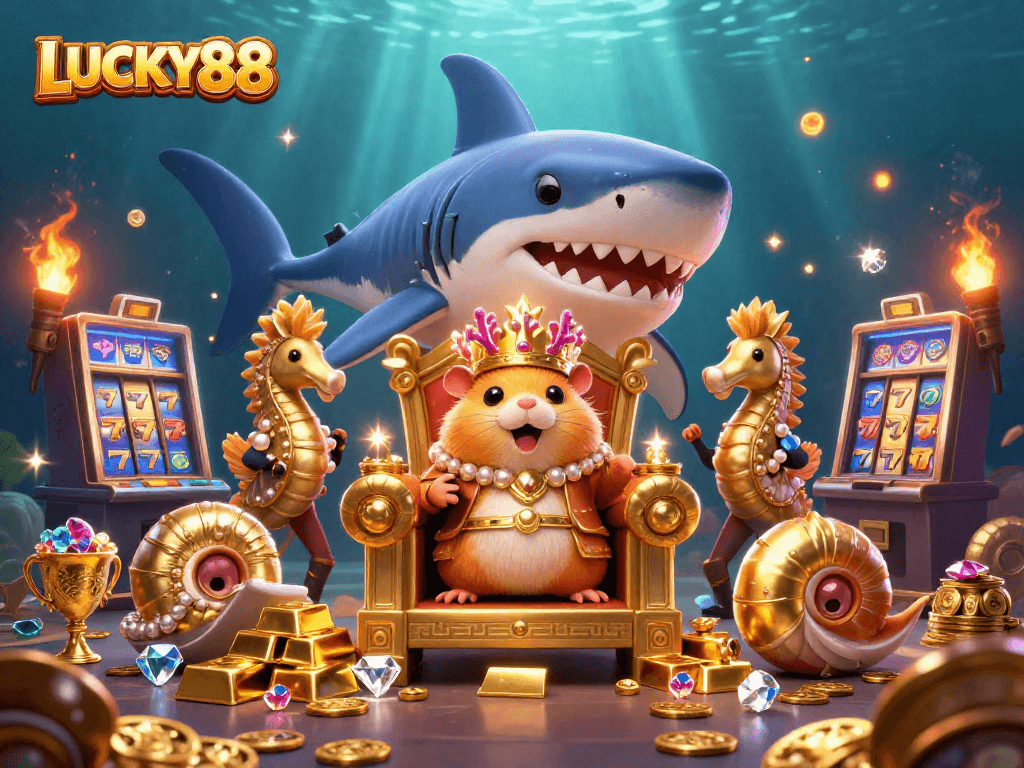 Engage with LUCKY88's vibrant casino scene featuring a golden hamster king and dynamic slot elements.