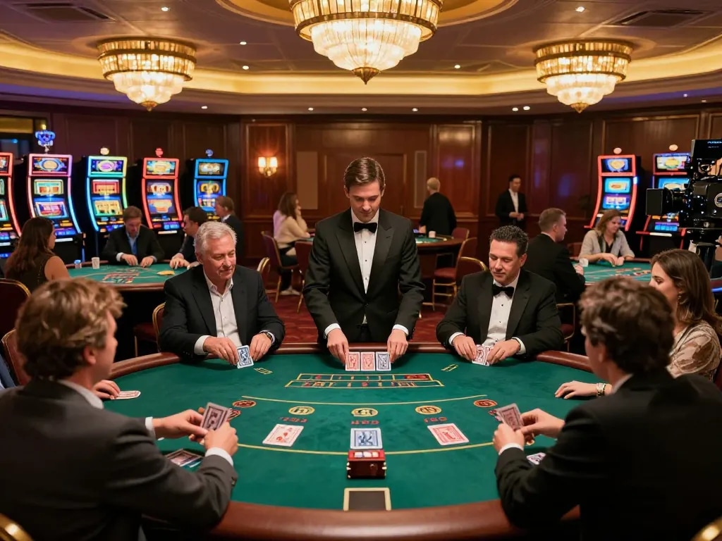 Players enjoying blackjack at a vibrant casino table showcasing the excitement of OK9 gaming.