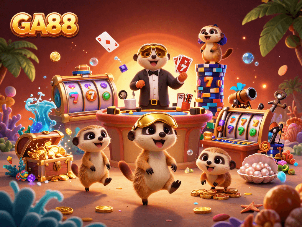Experience thrilling gameplay with GA88's animated meerkat casino scene filled with rich gambling elements.