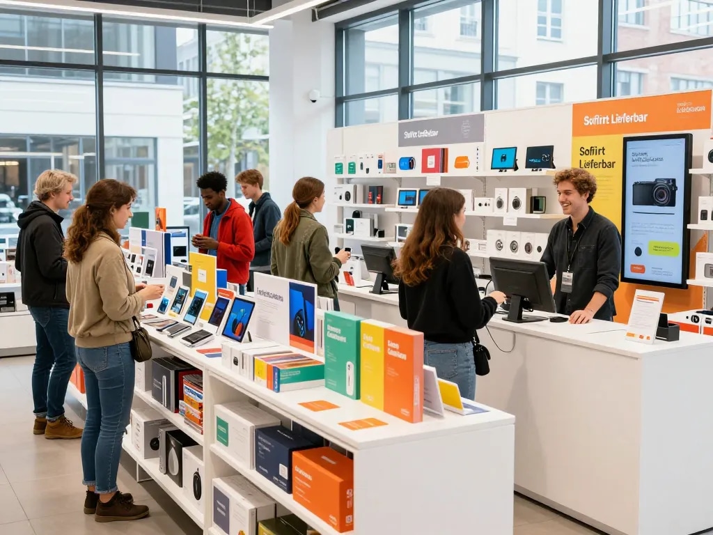 Einkaufsszene mit verschiedenen Kunden, die sofort lieferbar Produkte in einem lebhaften Einzelhandelsgeschäft erkunden.