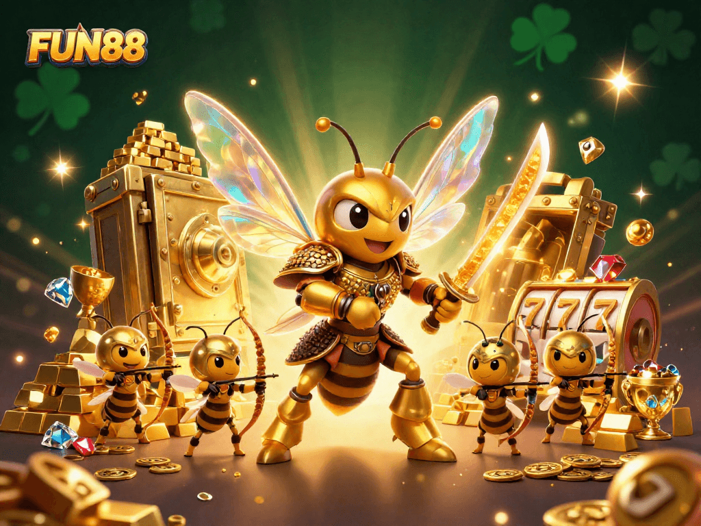 Experience FUN88's thrilling atmosphere with a golden hornet samurai amidst riches and slots.