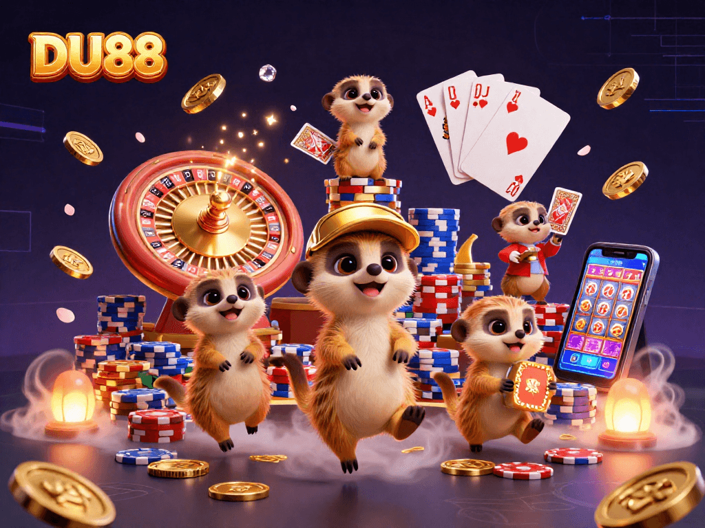 DU88 meerkats engaging in a vibrant casino scene with dynamic game elements and golden treasures.