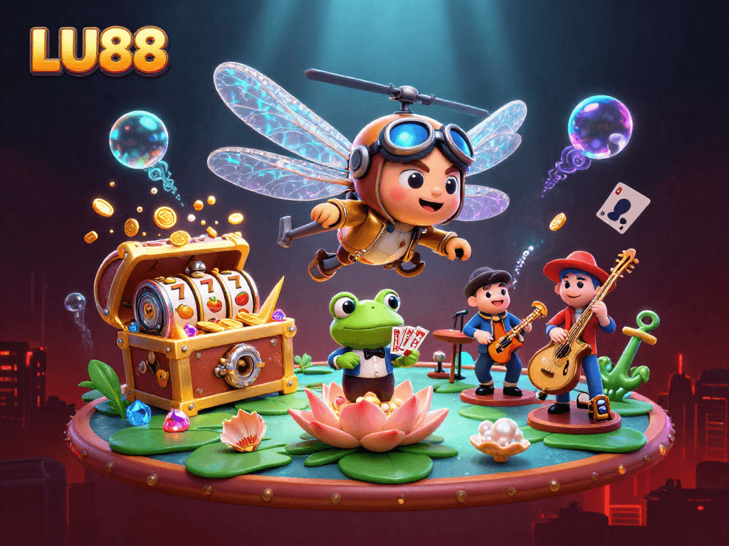 LU88 showcases an exhilarating casino world with a helicopter pilot, frog croupier, and jazz musicians.