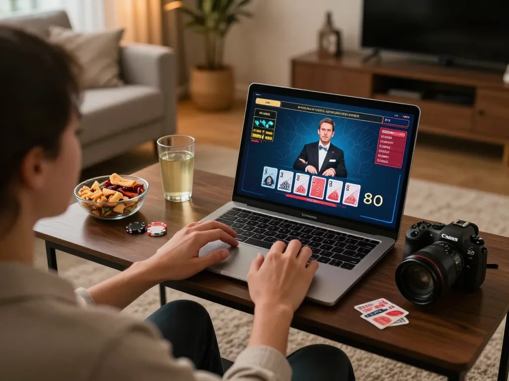 Engaging in strategic gameplay on Sun Win during an online blackjack session in a cozy home setting