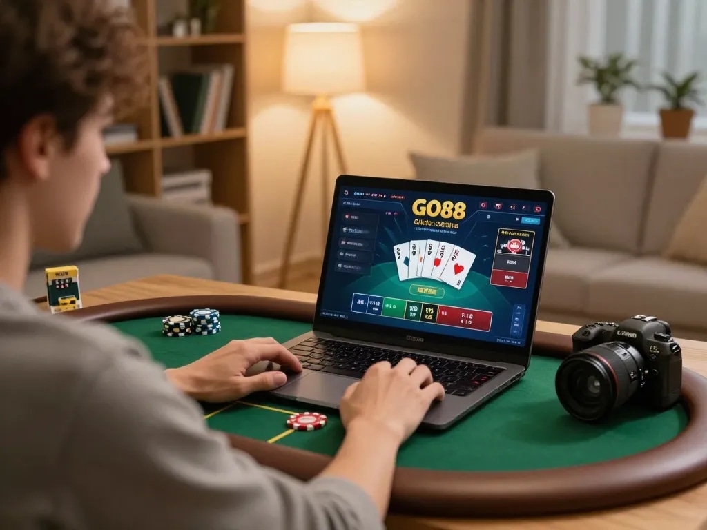 Engaging with GO88 online poker game on a stylish home setup, demonstrating responsible gambling.