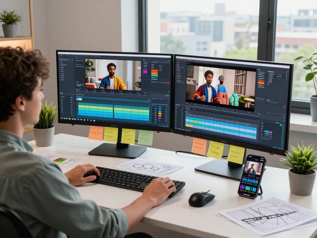Kling 2.6 motion control showcased in a dynamic video editing workspace with animated character displays.