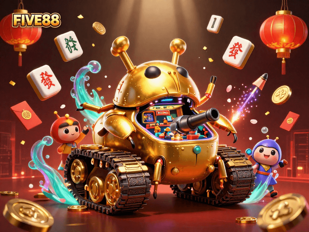 Experience the vibrant world of FIVE88, featuring a colorful casino adventure in a golden beetle tank.