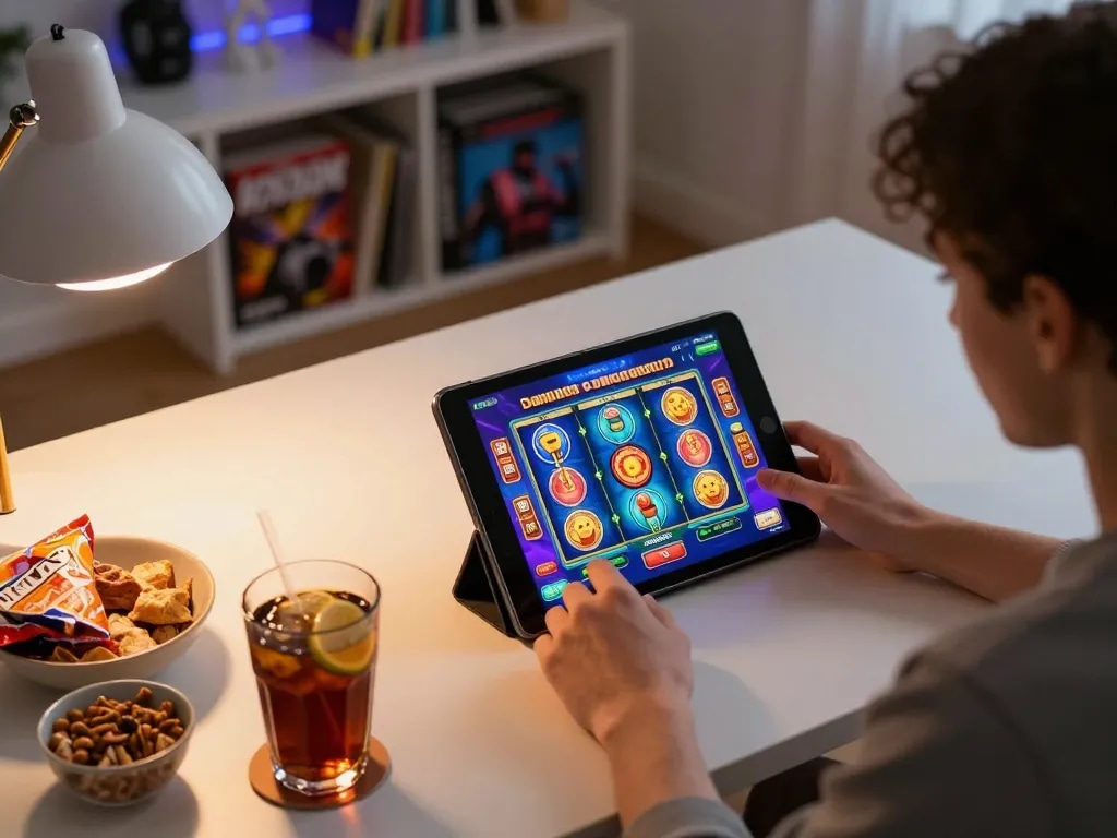Player enjoying slot games on manclub, showing excitement in a cozy home setup.