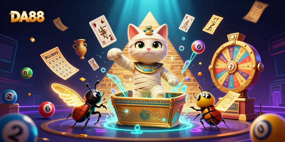 Experience thrilling gaming adventures at DA88 with Egyptian mummy cat and golden offerings.