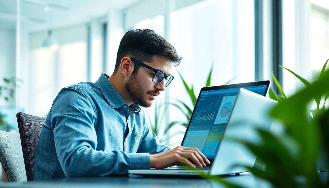 Evodrop Beobachter analysiert Daten auf dem Laptop in einem modernen Büro.