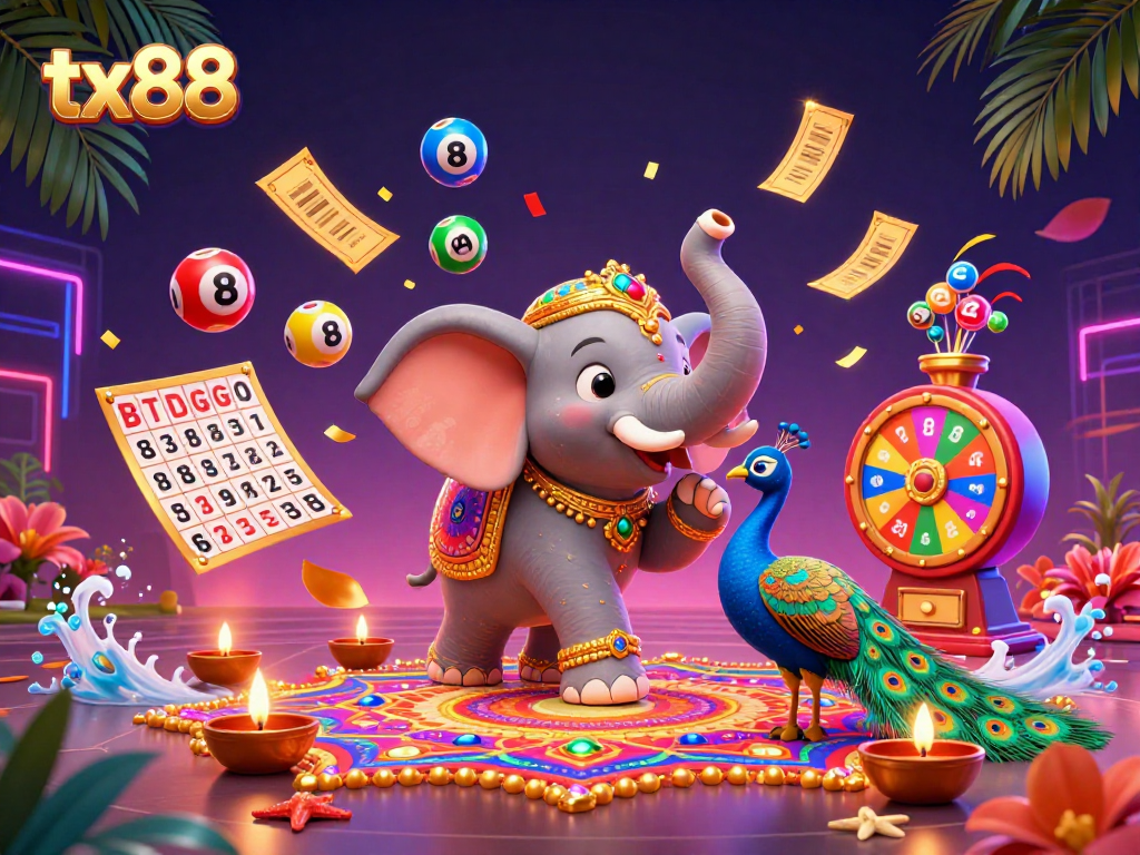 Engage with the vibrant tx88 world of gambling featuring a cartoon elephant and colorful lottery elements.