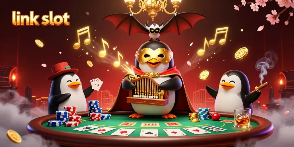 Experience the excitement of link slot with a 3D penguin at a vibrant casino scene, engaging with games.